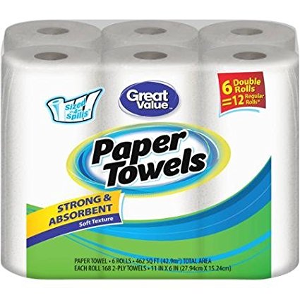 Great Value Double Rolls Sized-4-Spills White 2-Ply Paper Towels, 168 sheets, (Pack of 6)